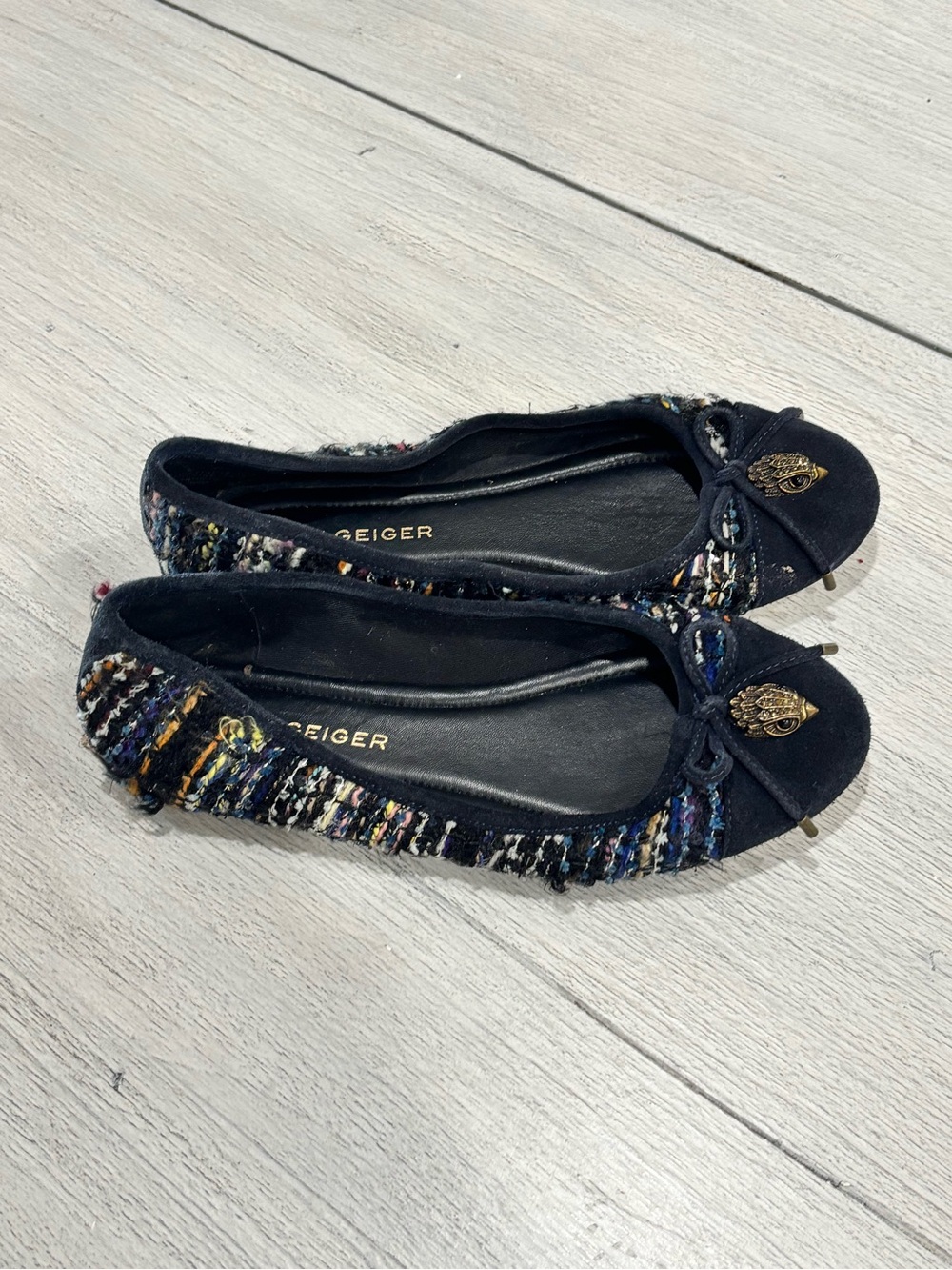 KURT GEIGER LONDON Womenโs Black Multi Tweed LONDON EAGLE Ballerina Flat Sz 8.5.